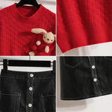 Detachable bear Sweater Winter Suits Women 2 Piece Set Sweet Red Loose Sweaters + PU Skirt Button Office Lady Skirt