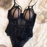 Classic Bandage Hollow Bodysuit Women Sexy Lace Push Up Bra Set Transparent Stripe Mesh Underwear Plus Size