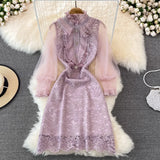 Dot Mesh Lantern Sleeve Stitching Embroidery Dress Women's See Through Purple Hollow Out Lace Midi Vestidos