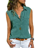 Cotton Tops Blouses 2021 Autumn Sleeveless Solid V-Neck Office Blouse Female Work Women Button Up Shirt Plus Size