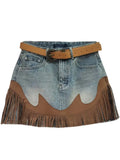 Women's Denim Skirt High Waist Spliced Contrast Color Irregular Tassel A-line Mini Skirt 2024 Summer New Fashion 29L1572-Outfit
