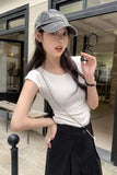 Style Simple Shoulder Short-Sleeved T-Shirt Women's Summer Thin Style Design Feeling Solid Color Full-Fitting Spicy Girls Short-Style Blouse-Outfit