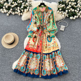 Printed Dress Woman 2025 Spring Strap To Cover Collar Long Sleeve Single Row Buckle Folding