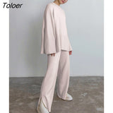 Casual Elegant Pant Sets O Neck Loose Sweater Outfit Autumn Winter 2 Piece Sets High Waist Wide Leg Pants Suits Women