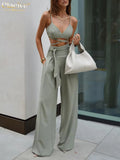 Sexy Wide Trouser Suits Fashion Crop Top Palazzo Pants Two Piece Set Women Casual Bandage High Wasit Pants Set