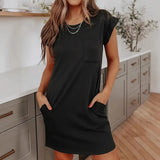 Summer Large-Size Burst Solid Color With Pocket Casual Round Collar Dress