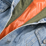 Casual Denim Patch Ruched Long Sleeve Padded