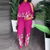 Toloer New Women's Round Neck Nail Bead, Rotator Sleeve T-Shirt And Trousers Positioning Print