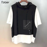 T Shirts Women Oversized Short Sleeve T-shirt Summer Fashion Hooded T-shirt Fake Two Piece Tops Chic Hoodie Womens