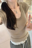 Solid Color U-Collar Short-Sleeved T-Shirt Women's New Springy Slim, Simple And Easy To Wear In Summer-Outfit