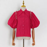 Elegant Solid Women's Shirt Lapel Puff Short Sleeve Patchwork Diamonds Loose Fashion Woman Blouses 2022