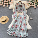 Women Summer Print Temperament Set 2022 Summer Long Sleeves Bow Single Breasted Tops Ladies Long Skirt Two Piece