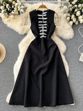 Bow Evening Party Dress Women Elegant Design Summer O Neck Pocket French Style Slim Ladies A Line Long