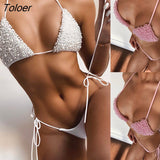 Sexy Thong Swimsuit 2023 Holiday New Swimwear Bra Top And Underpants Bead Pearl Sexy Bikinis 2 Pieces Outfits