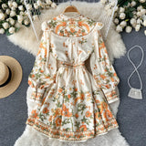 2022 Spring Runway V-Neck Bohemain Short Dress Women Long Lantern Sleeve Single Breasted Floral Print Holiday