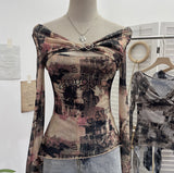 Shooting Strapped With Hollow Retro Print Long-Sleeved Mesh T-Shirt Ribbon Design Spring And Summer Top