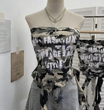 Shooting Hottie Camouflage Letter Print Chest Vest With Chest Pad Irregular Ribbon Short Top