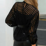 Top Women See Through T-shirts Autumn Clothes Vintage Sexy Striped Loose Mesh Long Sleeve Tees Sexy Club Streetwear-Outfit