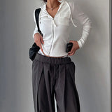 New Early Autumn Women's Casual Fashion Short Solid Color Threaded Pocket Zipper Long-Sleeved Jacket-Outfit