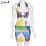 Puss Contrast Low-Neck Women Wild Matching Set Halter Bandage Crop Top And Skirts Summer Sexy Backless Streetwear