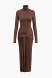 Color Wrap Ruched High Neck Long Sleeve Maxi