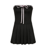 Design Color Tie Bow To Wipe The Breast Skirt With The Word Collar Waist Show Thin Pleated Skirt Dress Woman-Outfit