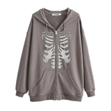 Women Y2K Zip Up Hooded Sweatshirt Skeleton Graphic Hoodie Vintage 90s E-Girl Harajuku Goth Aesthetic Shirt with