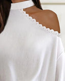 White Hollow out Lace High Neck Long Sleeve
