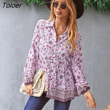 Boho Floral Print Holiday Women Shirt Tops Lace-up V-Neck Lantern Sleeve Loose Vestidos Vintage Casual Spring