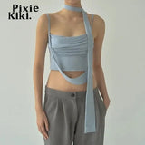 Y2k Streetwear Crop Tops Asymmetrical Ruched Backless Tank Top Baby Blue Camisole Summer Clothes for Womans