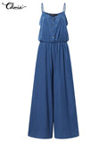 Celmia Elastic Waist Spaghetti Straps Overalls Women Fashion Wide Leg Pants 2022 Summer Long Rompers with Belt Casual