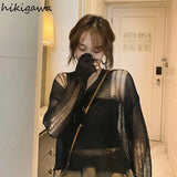 Sweater Y2k Cropped Tops Korean Clothes Knit Women Pullovers Hollow Out Thin Knitwear Long Sleeve Short Sweaters