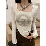 Cat Printed Long Sleeve Crop Tops Women Sexy Slim Square Collar Irregular T-shirt Autumn Chic Design Streetwear