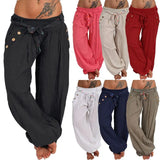 Pants Women Fashion Casual Loose Long Pants Solid Color Baggy Harem Pants Summer Button Sashes Wide Leg Trousers