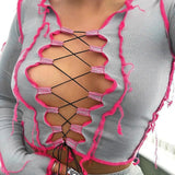 8 Colors Sexy Hollow Out Women Long Sleeve Crop Tops Striped Patchwork Drawstring Ribbed Bandage Fitness