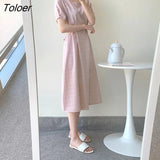 Plaid Mi-calf Dress Women Short Sleeve Square Collar Gentle Sweet Girls Lace-up Slim Vintage French Style Student