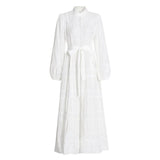 TWOTWINSTYLE White Hollow Our Dresses For Women Stand Collar Lantern Sleeve High Waist Patchwork Bow Slim Mini Dress Female