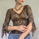 Vintage Fairy Grunge Crop Top Flare Sleeve Autumn Spring Female T-shirt Y2K Graphic Print Kawaii Tee Shirt Women