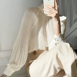 Spring New Pleated Women Shirts Fashion Office Lady Chiffon Blouse Women Stand Collar Flare Sleeve Solid Female Tops