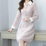 Korean Elegant Pink Plaid Tweed Dress Femme 2022 Autumn Vintage Single-Breasted Ladies Slim Waist Party Dress