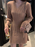Lace-up Lantern Sleeve A-line Knitted Dress Temperament V-Neck Twist Pattern Knit Sweater Dress Women Autumn Winter