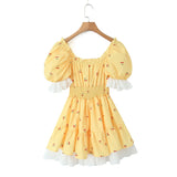 Princess Yellow Cherry Print Spliced Lace Corset Style Mini Dress Women Puff Sleeve Slim Waist Ruffle Hem Cake Party Robe-Outfit