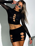 Autumn Sexy Mesh Sheer 2 Two Piece Set Club Outfit For Women 2023 Long Sleeve Crop Top And Skirt Set Female Matching