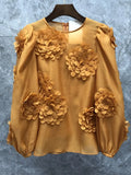 Loose Patchwork Floral Shirt For Women Round Neck Lantern Sleeve Solid Blouses Female Spring Clothes Style New