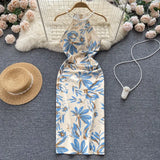 Senior Pearl Halter Ladies Dress Off Shoulder Elastic Waist Bodycon Dress 2022 Female Print Sexy Slit Long