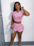 Summer Streetwear Womens 2 Two Peice Set Outfits Short Sleeve Crop Top High Waist Skinny Shorts Suits Mesh Matching