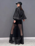 Plain Dress For Women Lapel Lantern Sleeve Patchwork Mesh High Waist Pocket Temperament Long Dresses Female 2023