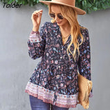 Boho Floral Print Holiday Women Shirt Tops Lace-up V-Neck Lantern Sleeve Loose Vestidos Vintage Casual Spring