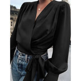 Casual Lantern Sleeve Blouses 2022 Fashion V Neck Short Wrap Shirts Celmia Elegant Bandage Pleated Street Tops