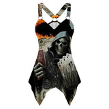 Women Tank Tops Gothic Skull Print Irregular Hem Sleeveless Shirt Summer Ladies Casual V Neck Grqaphic Tee